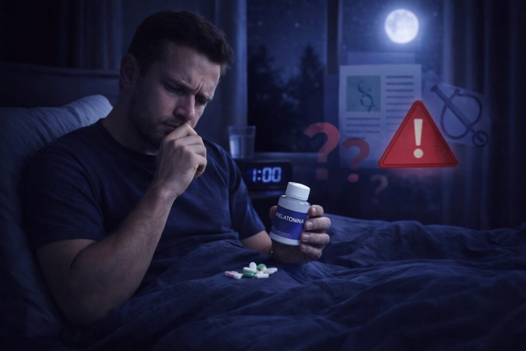 Homem refletindo à noite antes de usar melatonina, ilustrando possíveis efeitos colaterais e dúvidas sobre segurança.
