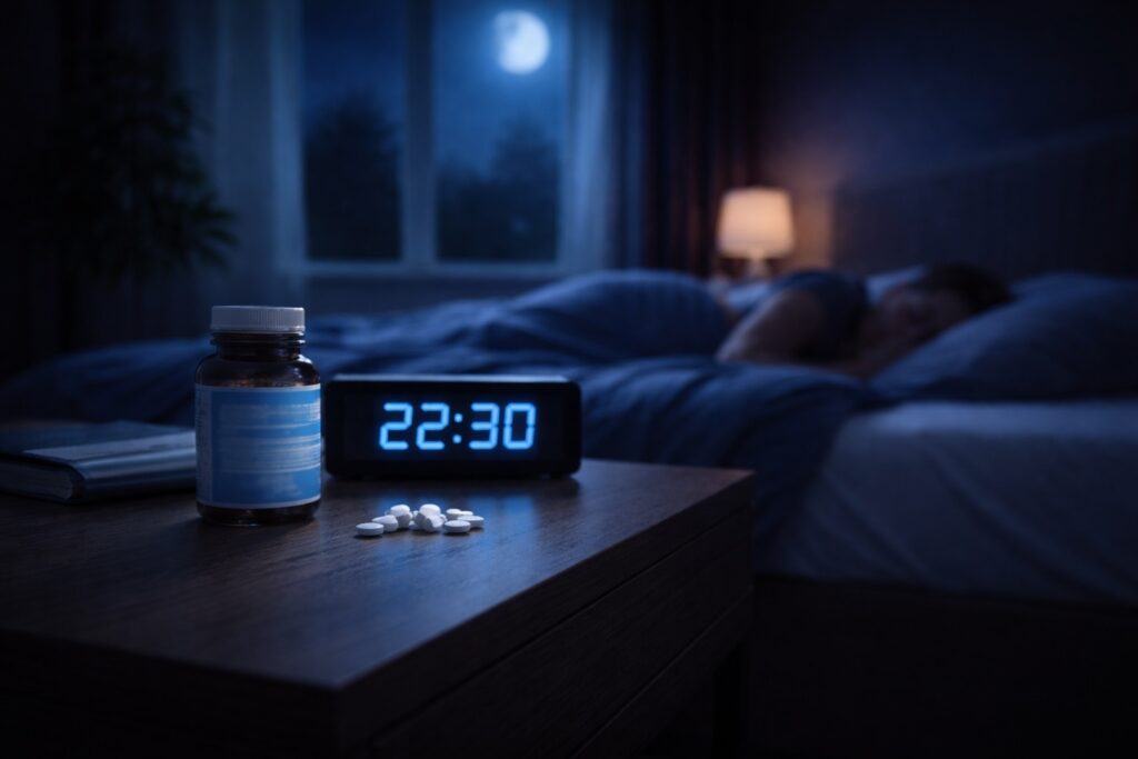 Frasco de melatonina representando a dosagem ideal de melatonina para dormir em ambiente noturno