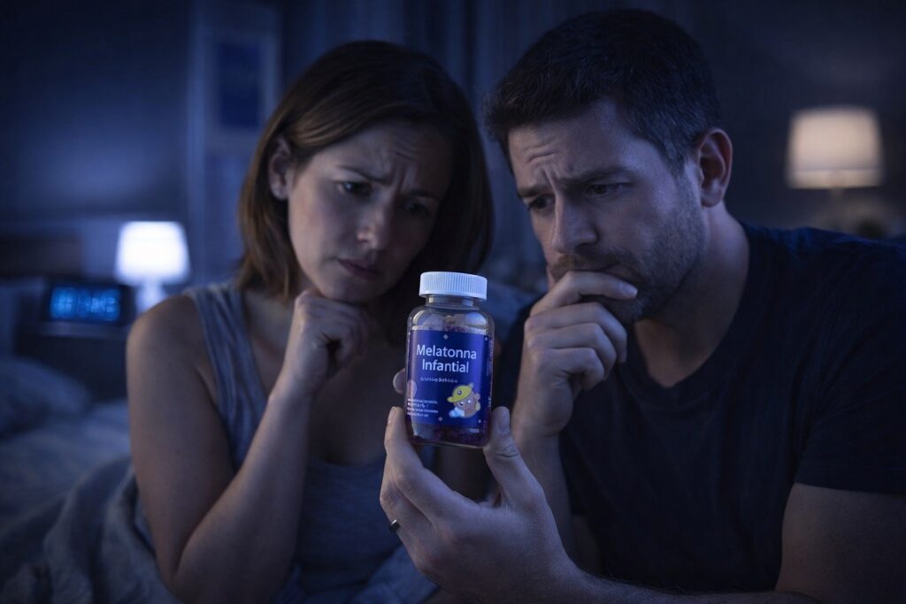 Pais com expressão de dúvida analisando frasco de melatonina infantil à noite – melatonina infantil é seguro