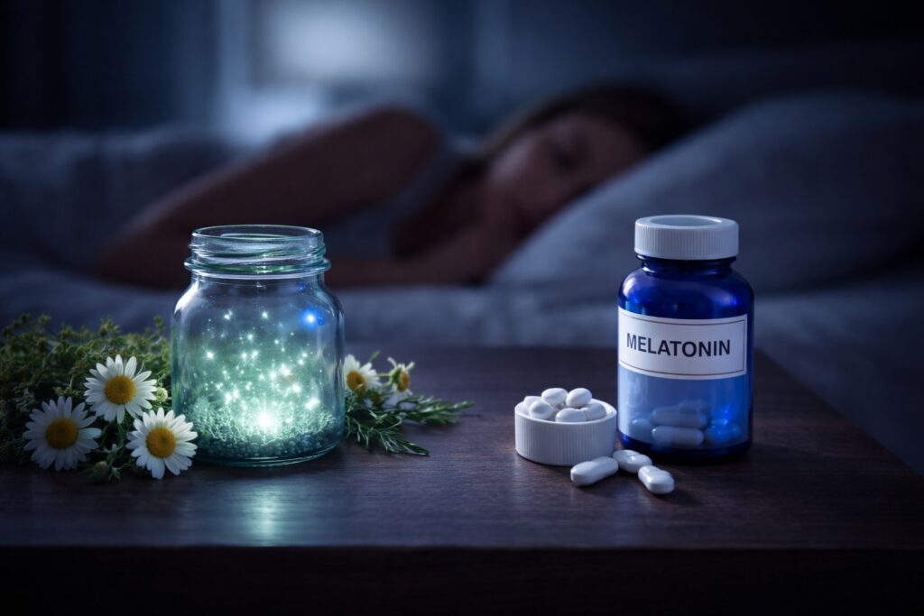 Representação visual da melatonina natural vs suplementar em quarto escuro com frasco e luz orgânica