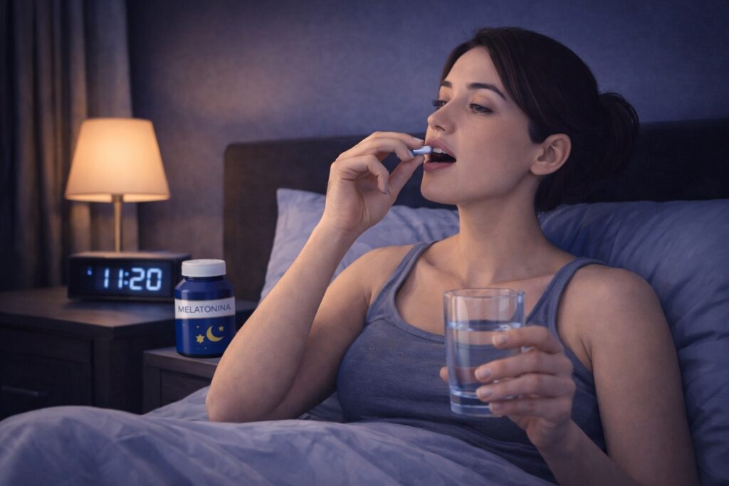 Exemplo prático de como tomar melatonina corretamente à noite com frasco sobre a mesa e copo de água na mão