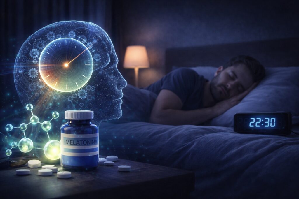 Ilustração da melatonina no ritmo circadiano e regulação biológica do sono em ambiente noturno
