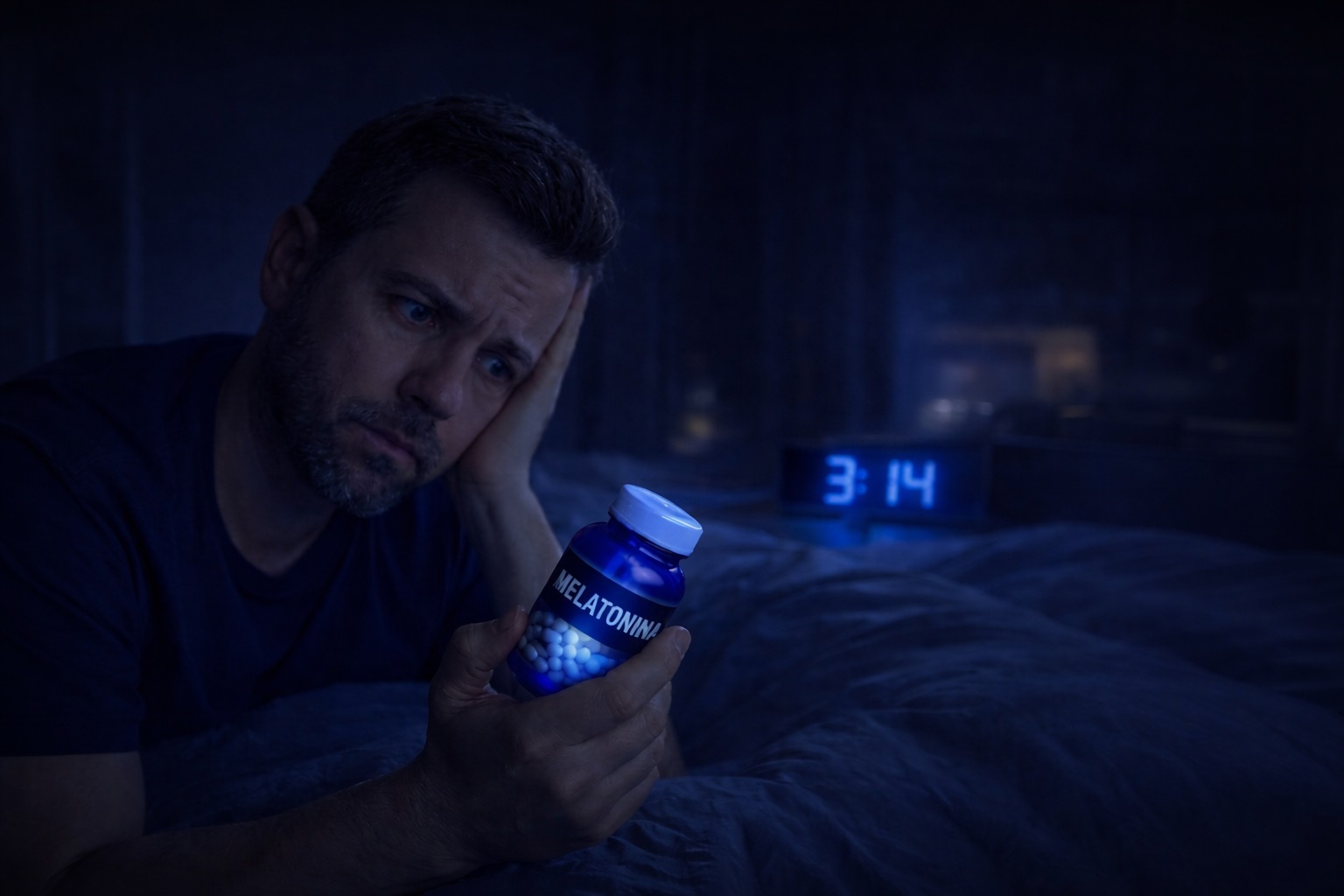 Homem com insônia segurando melatonina e questionando se melatonina engorda
