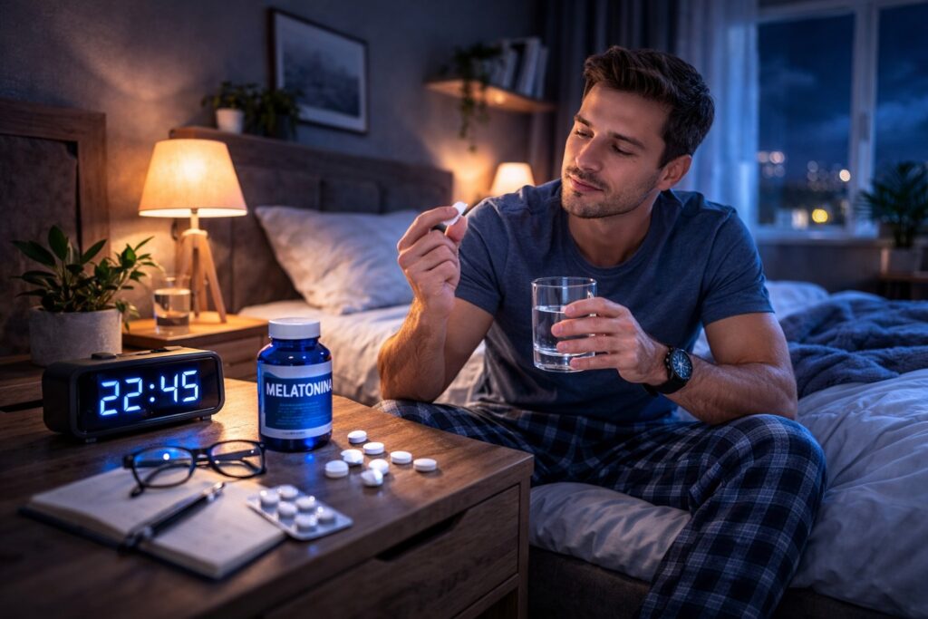 Homem segurando comprimido de melatonina e copo de água à noite, ilustrando a dose ideal de melatonina para dormir melhor