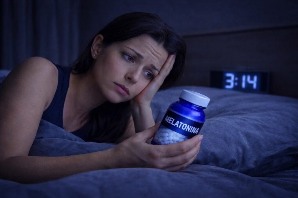 melatonina causa dependência mulher segurando frasco de melatonina na cama à noite
